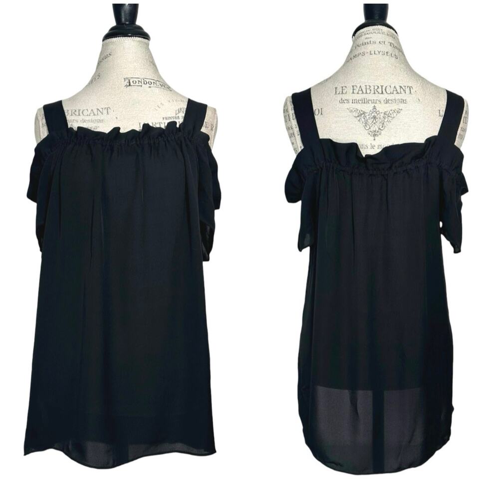 Heather | Women | 100% Silk Black Off Shoulder Ruffle Blouse Top | Large